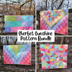 May include: A collection of four colorful quilts, each with a unique patchwork design. The quilts feature a variety of pastel colors, including pink, blue, green, and yellow. The text "Sherbet Sunshine Pattern Bundle" is displayed in the center of the image. The quilts are hanging on a wooden fence.