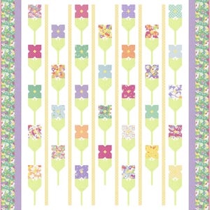 May include: A colorful quilt featuring rows of stylized flowers in various patterns and colors, including pink, purple, orange, and blue. The flowers are set against a white background with vertical yellow stripes. The quilt has a floral border.
