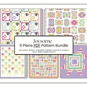 Puede incluir: Un paquete de cinco patrones de edredones, cada uno con un diseño único. Los patrones incluyen Wooly Flowers, Granny Shuffle, Everly, Jelly Bars y Barn Star 13. Los edredones presentan colores pastel y patrones florales o geométricos.