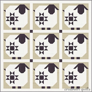 Puede incluir: Un edred&oacute;n de patchwork con un patr&oacute;n repetido de ovejas estilizadas. Cada oveja es blanca con cabeza y patas negras, y un dise&ntilde;o en forma de estrella. El fondo es una cuadr&iacute;cula beige y blanca neutra.