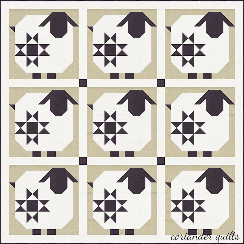 Puede incluir: Un edred&oacute;n de patchwork con un patr&oacute;n repetido de ovejas estilizadas. Cada oveja es blanca con cabeza y patas negras, y un dise&ntilde;o en forma de estrella. El fondo es una cuadr&iacute;cula beige y blanca neutra.