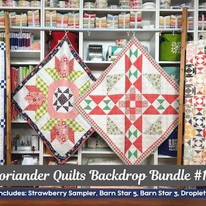 May include: A display of handmade quilts, including a strawberry sampler and star patterns, against a backdrop of fabric bolts. The quilts feature red, green, and white designs. The text reads "Coriander Quilts Backdrop Bundle #16".