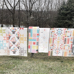 Op de afbeelding: Een verzameling handgemaakte quilts die buiten worden tentoongesteld. De quilts hebben verschillende geometrische patronen, waaronder sterren, manden en patchwork-ontwerpen. Kleuren zijn pasteltinten, rood en grijs. De quilts hangen aan een houten hek.