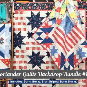 May include: A collection of three quilts featuring red, white, and blue fabric patterns. The quilts display star motifs, stripes, and floral prints. Text on the image reads: Coriander Quilts Backdrop Bundle #17. Includes: Barn Star 12, Star Striped, Barn Star 14.