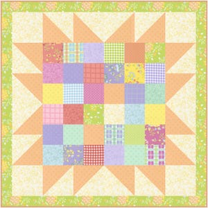Può includere: Una trapunta patchwork con un quadrato centrale di quadrati colorati in tonalità pastello di rosa, blu, giallo e verde. La trapunta presenta triangoli color pesca e un bordo a motivi floreali, creando un design allegro.