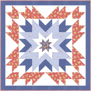 Może przedstawiać: Kwadratowa kołdra z wzorem rozbłysku gwiazdy. Kołdra posiada centralną gwiazdę we wzór kwiatowy, otoczoną niebieskimi i białymi punktami gwiazd. Czerwone i białe trójkąty kwiatowe obramowują wzór, z niebieską obwódką.