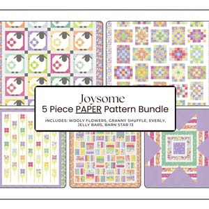 May include: A bundle of five quilt patterns, each showcasing a unique design. The patterns include "Wooly Flowers," "Granny Shuffle," "Everly," "Jelly Bars," and "Barn Star 13." The quilts feature pastel colors and floral or geometric patterns.