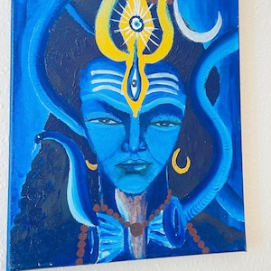 Hand-Painted Shiva Art – Blue Lord Shiva Wall Décor for Meditation Rooms| Colorful Hindu Spiritual Art | Wall Decor Art | Hindu God Painting