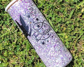 25oz Believe Snow Globe Glass Tumbler – Purple Glitter Fairy Tumbler with Stars, Magical Glass Cup with Lid and Straw