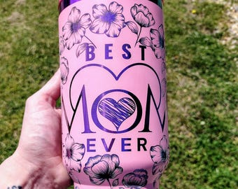 40oz Rainbow Plated Tumbler – Best Mom Ever Floral Design – Mother's Day Gift – Pink Stainless Steel Cup - Engraved Insulated Mom Tumbler