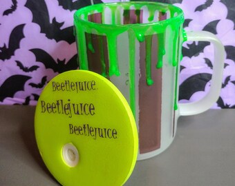 16oz Frosted Glass Mug with Neon Green Drip & Striped Design – Handmade Gothic Drinkware