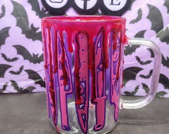 Bloody Knife Drip Mug – 16oz Clear Glass Horror Cup – Creepy Cute Handmade Gift