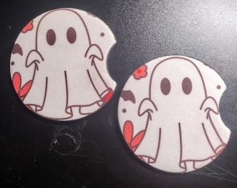 Set of 2 Ghost Car Coasters – Spooky Cute Halloween Decor for Your Car – Neoprene Car Coaster Set – Handmade