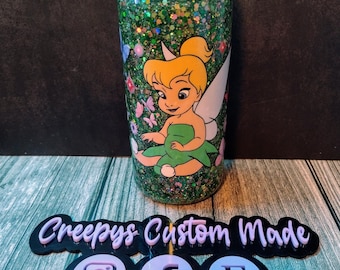 20oz Tinker Fairy Snow Globe Tumbler – Custom Glitter Tumbler with Blue Lid, Magical Butterfly & Star Design