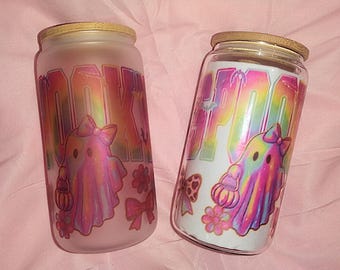 Spooky Cute 16oz Glass Can – Frosted or Clear – Pastel Ghost, Bows & Skulls – Rainbow Holo Look | Handmade Iced Coffee Cup