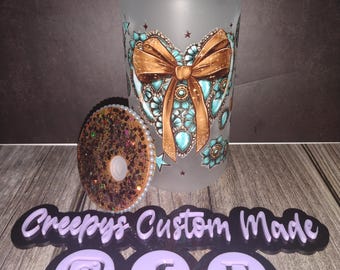 16oz Frosted Glass Tumbler with Western Floral Design & Hand Decorated Glitter Lid - Custom Iced Coffee Cup