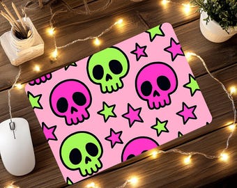Pink Skull Mousepad - Cute Pastel Goth Desk Mat - Kawaii Office Decor - Spooky Stars Mouse Pad - Matching Paperclips Available