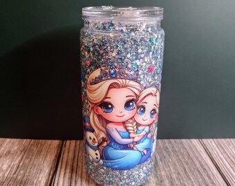 20oz Silver Glitter Snow Globe Tumbler – Handmade Plastic Cup with Winter Princess & Child Design