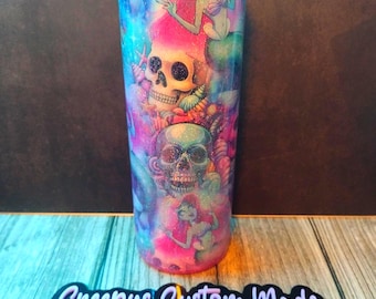 30oz Skinny Glitter Tumbler – Spooky Mermaid Skull Design – Ombre Pink & Teal – Custom Epoxy Cup – Creepys Custom Made