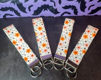 Ghost Floral Wristlet Keychain | Spooky Cute Key Fob | Halloween Wrist Strap | Handmade Creepy Accessory | Fall Goth Keychain