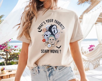 What's Your Favorite Scary Movie? – Horror Character Graphic Tee or Tote Bag, Retro Halloween Shirt or Canvas Bag
