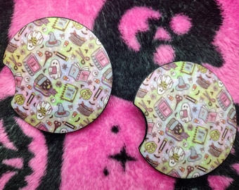 Set of 2 Spooky Car Coasters – Pastel Halloween Ghosts & Potions | Witchy Auto Cup Holder Decor | Match With Tumbler in Our Shop