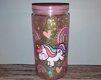 16oz Unicorn Kids Snow Globe Tumbler – Plastic Glitter Cup with Lid, Cute Rainbow Hearts Design, Fun Gift for Girls