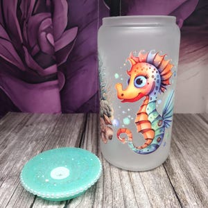 16oz Frosted Glass Tumbler with Colorful Seahorse Design and Glitter Pearl Lid – Ocean Theme Cute Cup – Custom Gift for Her