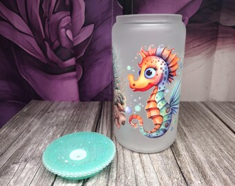 16oz Frosted Glass Tumbler with Colorful Seahorse Design and Glitter Pearl Lid – Ocean Theme Cute Cup – Custom Gift for Her