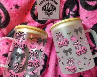 16oz Clear or Frosted Glass Mug – Cute Gothic Pink Skull Bows, Pumpkins & Bats – Handmade Spooky Cute Drinkware – Made to Order