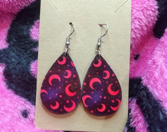 Pink Moon Star Earrings | Celestial Teardrop Earrings | Spooky Cute Goth Jewelry | Moon Phase Earrings | Handmade Lightweight Earrings