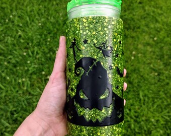 20oz Green Glitter Snow Globe Tumbler with Spooky Silhouette – Handmade Plastic Cup with Lid & Straw