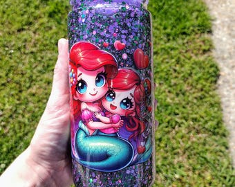 20oz Mermaid Mom and Daughter Snow Globe Tumbler | Glitter Tumbler with Floating Sparkles | Mother's Day Gift | Cute Mermaid Tumbler