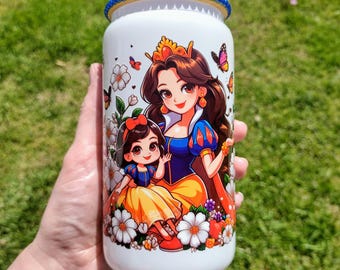 16oz White Glass Cup with Mother & Daughter Princess Design – Handmade Floral Drinkware