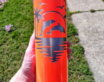 20oz Neon Orange Laser Engraved Tumbler - Dolphin Sunset Beach Cup - Stainless Steel Insulated Tumbler - Tropical Coastal Gift