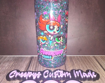 20oz Multicolor Glitter Snow Globe Tumbler – Handmade Plastic Cup with Cute Girl Gang Design