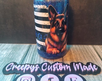 16oz German Shepherd Snow Globe Tumbler – Blue Glitter Swirl – Double Walled Dog Lover Cup – Custom Pet Tumbler – Creepy’s Custom Made