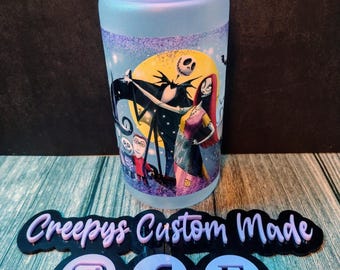 16oz Frosted Glass Tumbler with Gothic Couple & Moon Scene – Handmade Glitter Accent Cold Cup