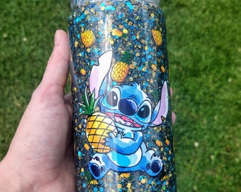 20oz Plastic Snow Globe Tumbler – Pineapple Glitter Cup with Cute Blue Alien Design