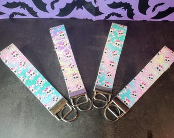 Pastel Skull Wristlet Keychain | Cute Goth Key Fob | Spooky Punk Wrist Strap | Handmade Creepy Cute Accessory | Skull & Crossbones Keychain