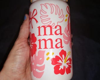 16oz White Glass Tumbler with Tropical “Mama” Design – Pink Hibiscus Floral Glass Cup with Bamboo Lid – Mother's Day Gift