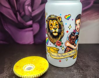 16oz Frosted Glass Cup with Retro Tattoo-Style Lion & Girl Design – Handmade Drinkware with Glitter Lid