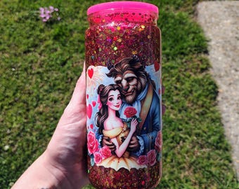 20oz Red and pink Glitter Snow Globe Tumbler – Handmade Plastic Cup with Romantic Fairytale Couple Design