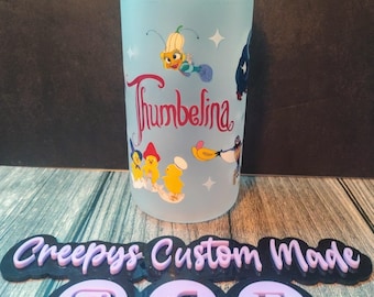 16oz Thumbelina Frosted Glass Cup – Custom Glass Tumbler with Hand Decorated Glitter Lid – Cute Fairy Tale Drinkware – Creepy’s Custom Made