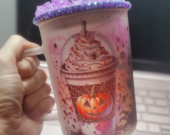 16oz Frosted Glass Cup with Halloween Drink Design – Spooky Pumpkin & Skull Art – Purple Crystal Lid – Handmade