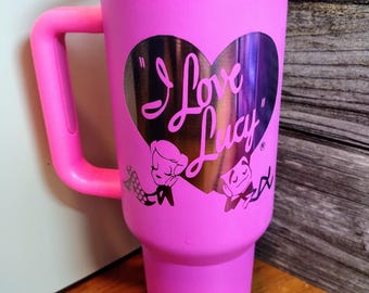 40oz I Love Lucy Pink Rainbow Plated Tumbler with Handle – Retro Stainless Steel Cup with Lid & Straw
