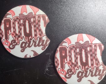 Set of 2 Spooky & Girly Car Coasters – Cute Goth Car Accessories – Halloween Cup Holder Coasters