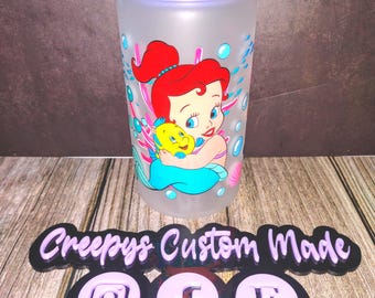 16oz Frosted Glass Tumbler with Cute Mermaid and Fish Design – Custom Made Cartoon Cup with Lid – Little Ocean Theme Cup
