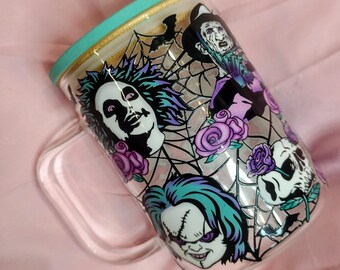 Handmade Horror Character Glitter Mug – 16oz Glass Cup with Handle & Colorful Lid | Spooky Cute Custom Drinkware