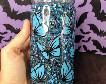 16oz Blue Butterfly Snow Globe Tumbler – Glitter Floating Cup, Handmade Sparkle Drinkware